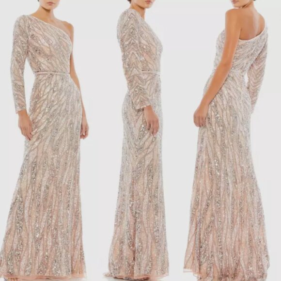MAC DUGGAL 4982 EMBELLISHED ONE SLEEVE W/ SEQUIN BELT ROSE GOLD GOWN sz 8 - Picture 6 of 6